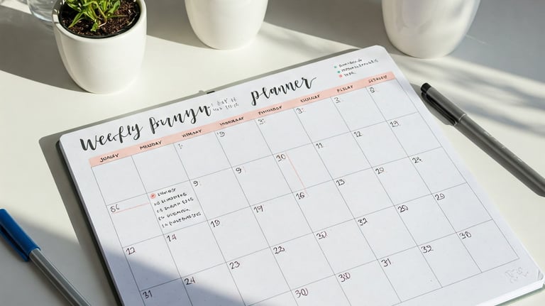 Planificador semanal y checklist impresos sobre una mesa ordenada.