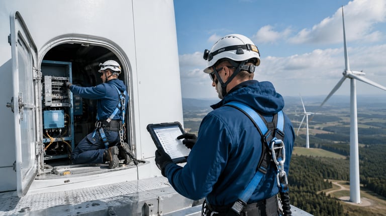 Wind turbine maintenance technician performing inspection and field condition reporting