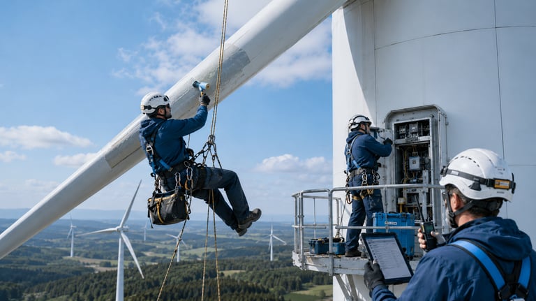 Wind turbine blade repair technician providing retrofit and field service support