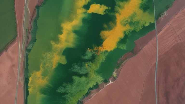 A landscape featuring a large solar panel array in the foreground, with a modern wind turbine to the left. Behind the renewable energy installations, an industrial facility with multiple chimneys and storage tanks is visible under a clear blue sky.