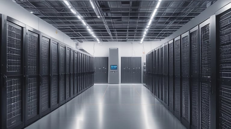Rows of solar panels are arranged in a diagonal pattern across a green field. The panels are uniformly spaced and cover a large area, emphasizing renewable energy and sustainability.