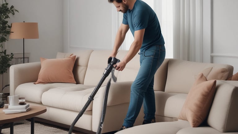 A person wearing protective clothing, a face mask, and gloves is cleaning a white cushioned furniture piece using a vacuum cleaner. The setting appears to be indoors with bright natural light streaming in through large windows. A green potted plant is placed next to a white sofa, adding a touch of nature to the clean and tidy environment.