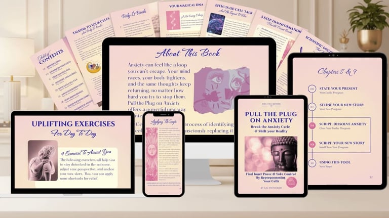 Medley of pages inside the ebook "Pull The Plug On Anxiety"