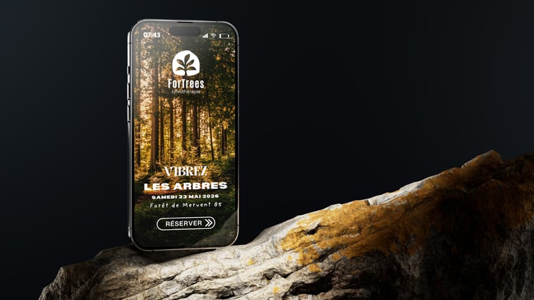 Smartphone affichant un site web et un logo de thérapie bien-être par les arbres.