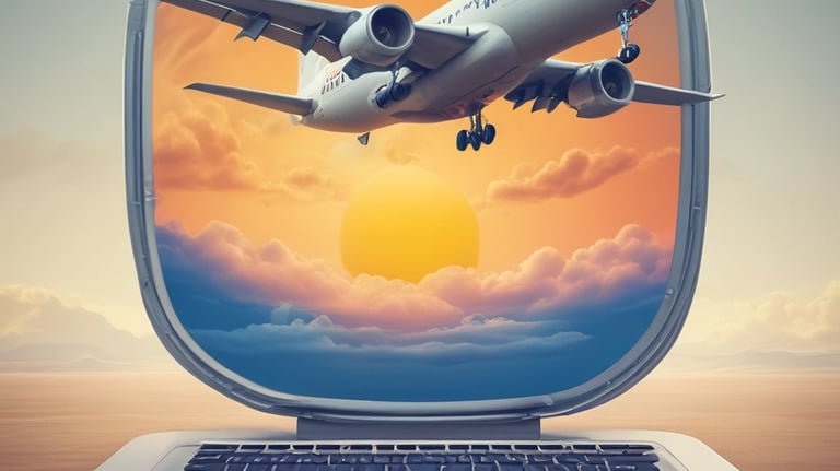 A split-screen image shows a digital airport departure board on the left with flight information for various U.S. destinations and an advertisement on the right side. The flight board displays destination, flight number, gate, and status for flights in French and English. The advertisement features text that likely promotes a product or service.