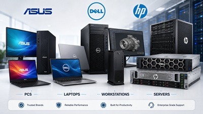 Asus, Dell, and HP business hardware including desktop PCs, laptops, workstations, and enterprise servers.