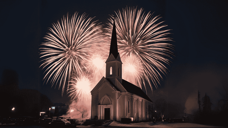 a church with fireworks