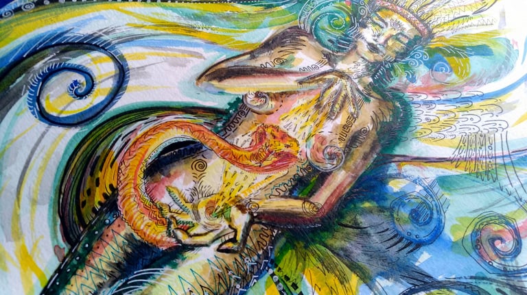 Aquarelle représentant une cabocla et l'energie du kundalini