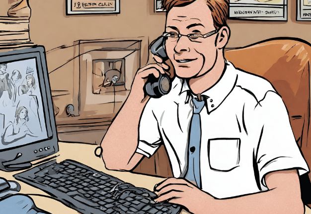 a cartoon man sitting at a desk with a computer