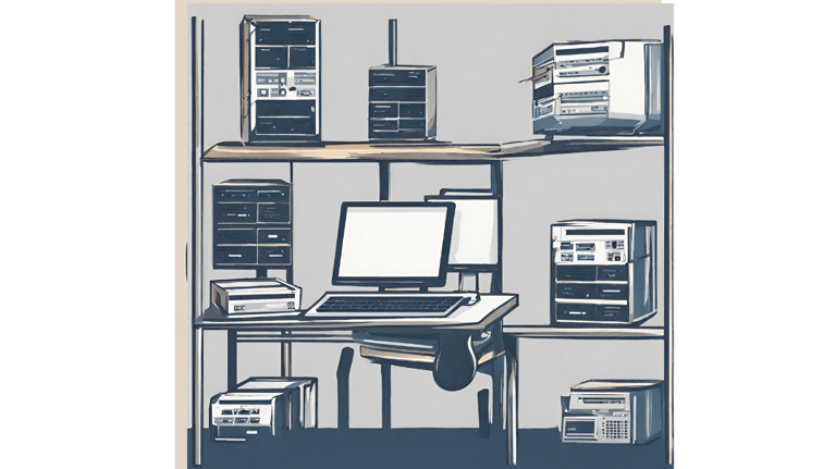 a desk with a computer monitor and a monitor