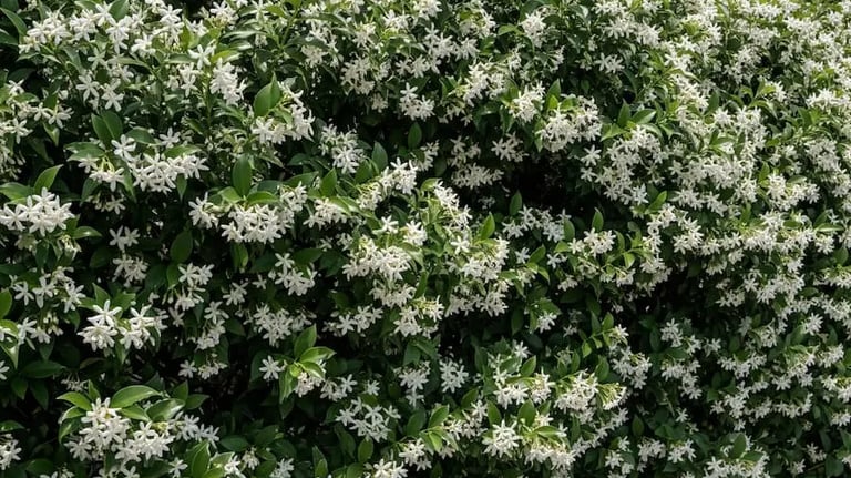 Seto de Jazmín estrellado en plena floración. Aroma del verano