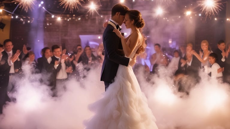 DJ ps at the wedding and a bride and groom are dancing in a cloud filled with sparkles