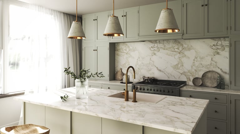 a kitchen with a marble counter top and a marble counter top