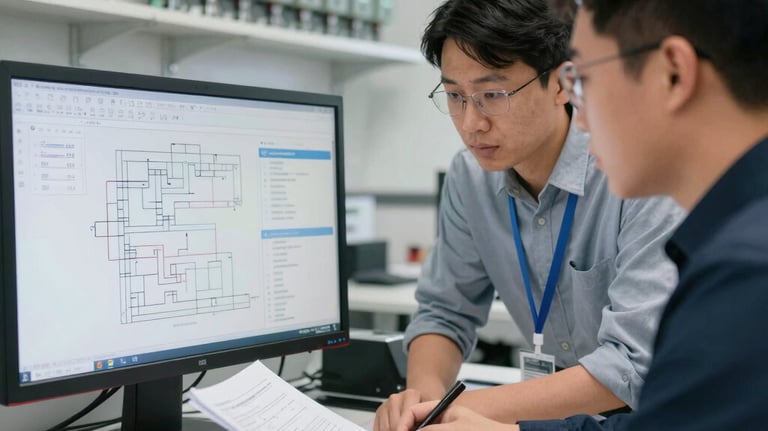 Consulting session with engineers reviewing process flow diagrams