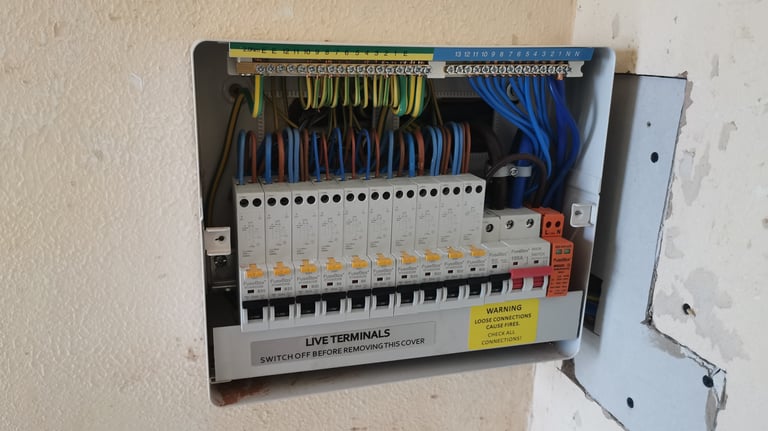 Open consumer unit showing circuit breakers and electrical wiring in a modern fuse box.