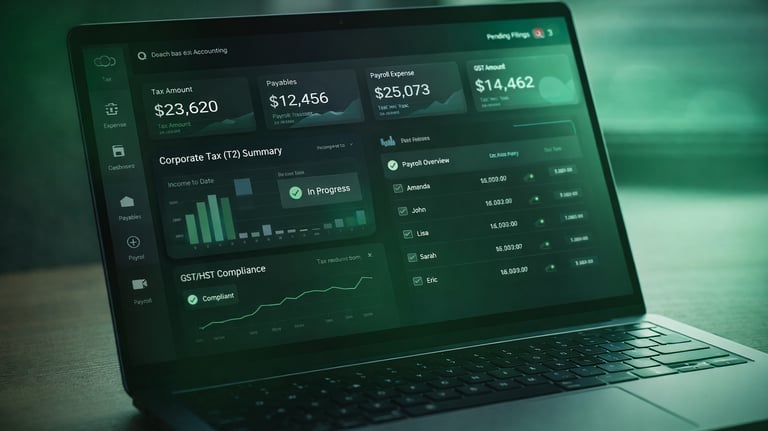 Cloud accounting dashboard showing corporate tax (T2), GST/HST compliance and payroll management in a digital system
