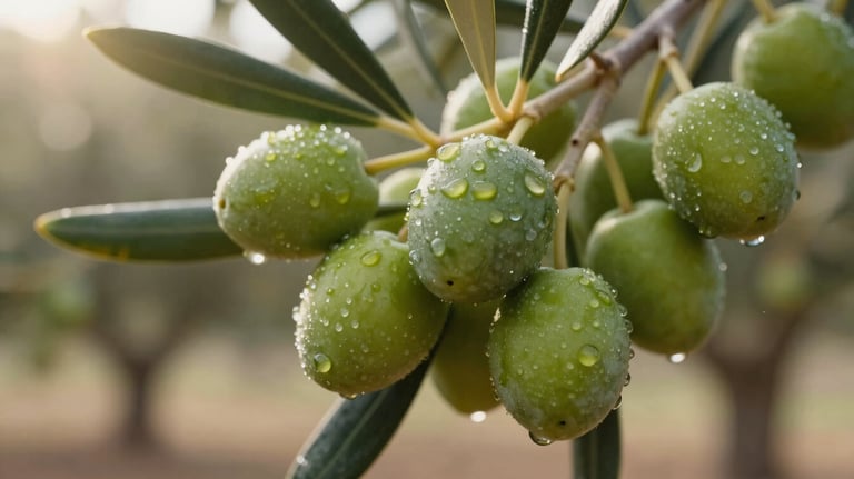 Close-up of plump green Hojiblanca olives on a branch, morning dew visible, sun flare, Mediterranean / Spanish / Andalusian grove.