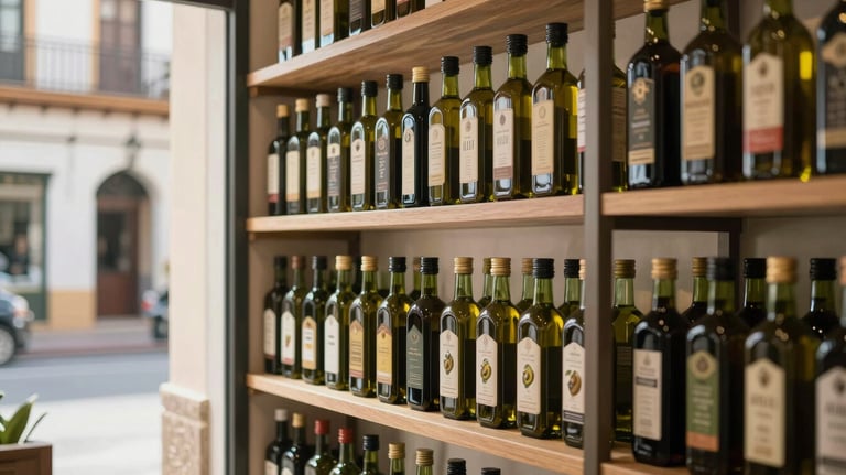 Interior of a high-end gourmet boutique with shelves of premium glass olive oil bottles, soft natural light, Mediterranean / Spanish / Andalusian city architecture.