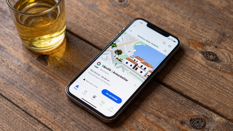 A top-down view of a smartphone on a rustic wooden table showing a Google Maps local business listing for an oil mill, glass of golden AOVE nearby, Mediterranean / Spanish / Andalusian style.