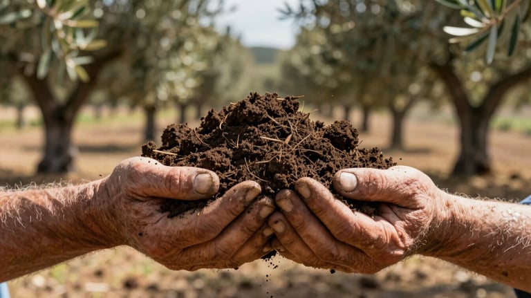 A pair of weathered hands holding a pile of rich, dark fertile earth, sun-drenched olive trees in the background, Mediterranean / Spanish / Andalusian setting.