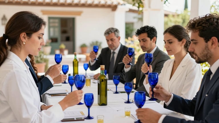 A group of elegant professionals engaged in a formal olive oil tasting session, holding blue tasting glasses, bright Mediterranean / Spanish / Andalusian farmhouse patio.