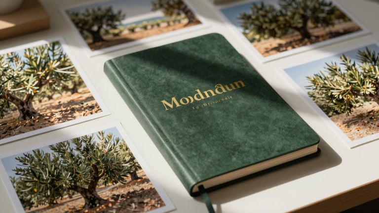 A designer's workspace with a mood board featuring photos of olive groves and elegant typography, a dark green notebook, Mediterranean / Spanish / Andalusian morning light.