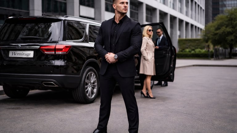 Professional bodyguard in a black suit providing executive protection service near a luxury SUV.