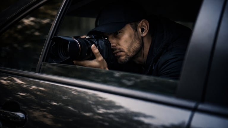 Private investigator in a dark car conducting surveillance with a DSLR camera and telephoto lens.