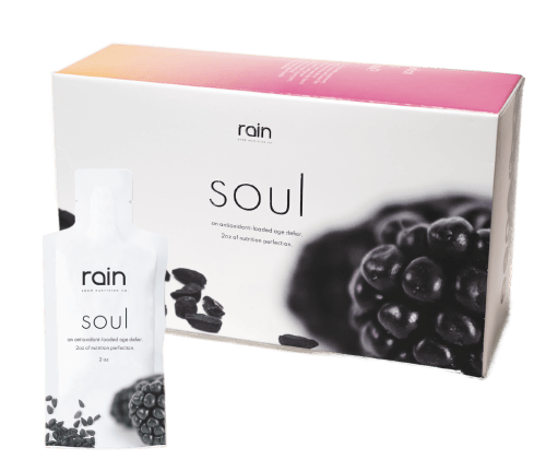 Rain Soul antioxidant seed supplement box and liquid pouch with black cumin and blackberry imagery.