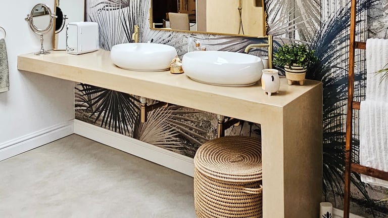 CreteCote Dusk vanity and Dew floor — seamless, durable cement finishes for modern bathrooms and interiors by Tswanacrete