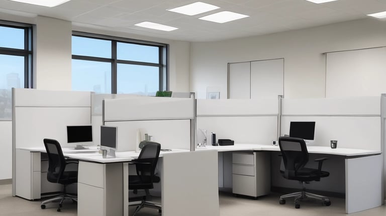 A sunlit patio with terracotta tiles is adorned with cleaning equipment, including a wet and dry vacuum, containers of cleaning solutions, and a pressure washer. A portion of a white car is visible near a hedge-lined driveway, while lush green vegetation and a manicured lawn provide a backdrop.