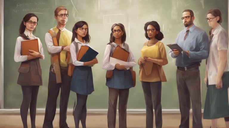 a group of teachers holding books in front of a blackboard