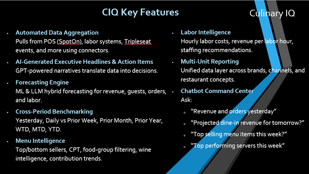 Culinary IQ (CIQ) Key features
