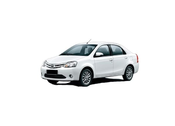 a white Toyota Etios car parked on a white background