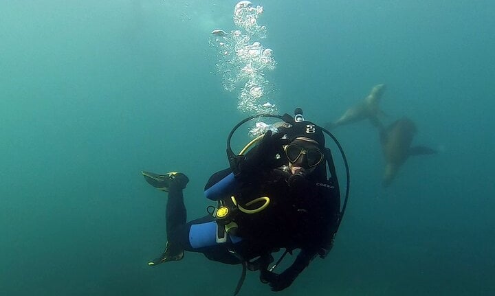 a person in a scuba suit is holding a scuba suit