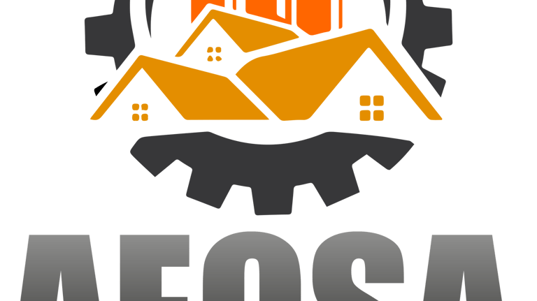 a construction company logo with a building in the background