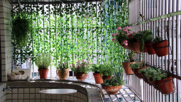 Balcony garden with hanging potted plants