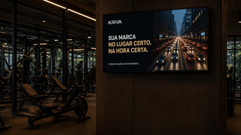 Tela com publicidade em academia com mídia indoor KRIVA