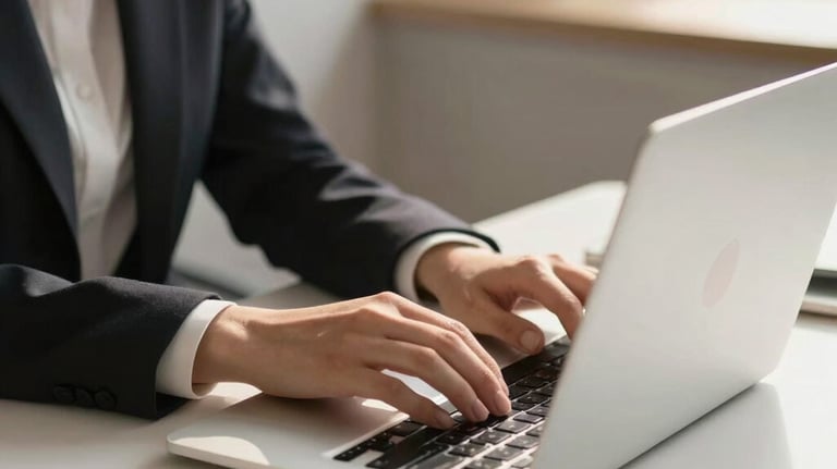Professional person working on laptop, modern minimal workspace, warm natural light, clean desk, pro