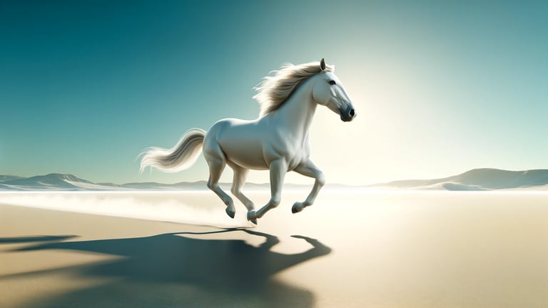 Cheval blanc qui court dans une plaine ensoleillée