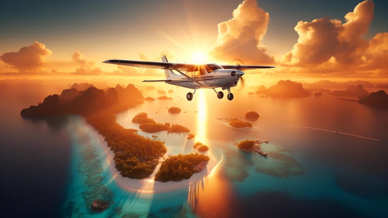 Petit avion bimoteur qui survole un paysage paradisiaque au lever du soleil