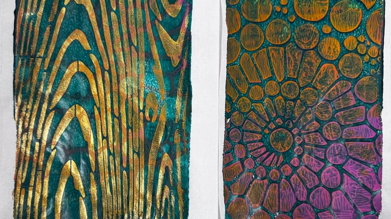 A gelli print example. a mono printing process with acrylic paint. Art class