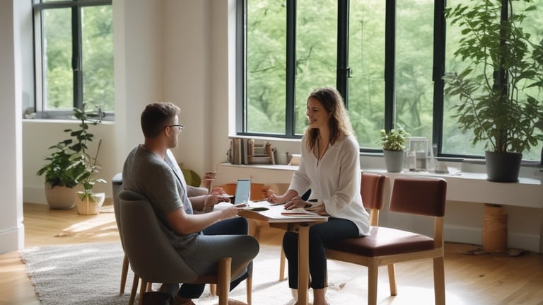 a man and woman sitting at a table with a laptop