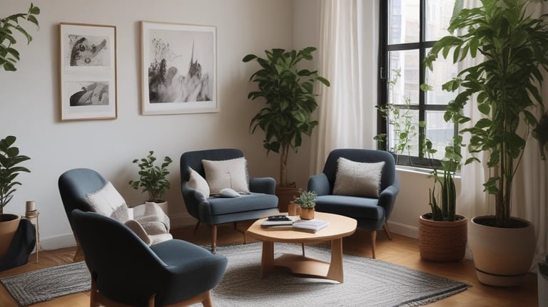 a living room with a couch, chairs, and a table