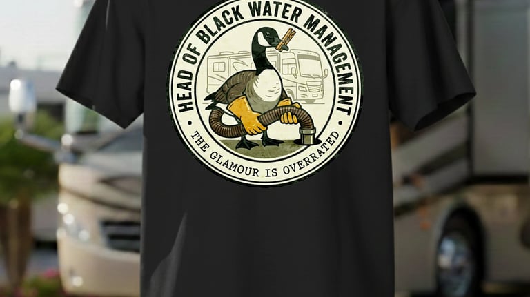 Funny RV t-shirt featuring a goose holding a black water sewer hose with an RV camping background.