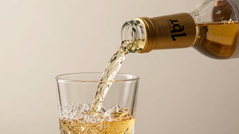 A close-up shot of an Alpflow bottle being poured into a crystal glass, capturing the golden liquid and air bubbles. Soft, airy light.