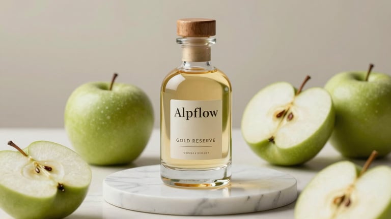 A sleek, premium glass bottle of Alpflow Gold Reserve on a white marble plinth, surrounded by fresh sliced green apples. Studio lighting, clean and modern aesthetic.