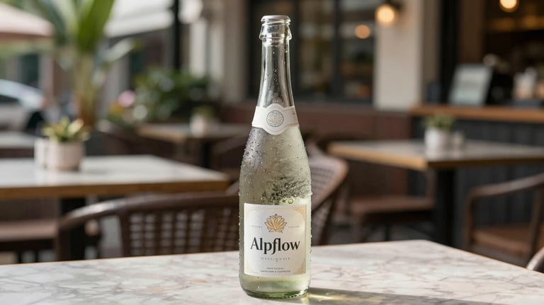 A bottle of Sparkling Alpflow with condensation, sitting on a table at an upscale Southeast Asian / Thai outdoor cafe. Bright, daylight photography.