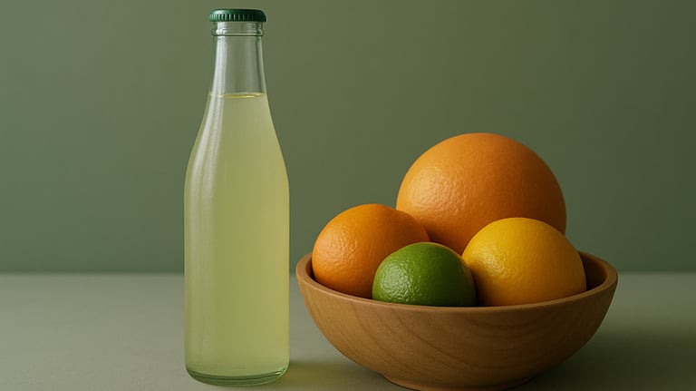 A bottle of Lemongrass Twist Alpflow next to a bamboo bowl of citrus fruits. Minimalist, premium lifestyle photography with Sage Green accents.