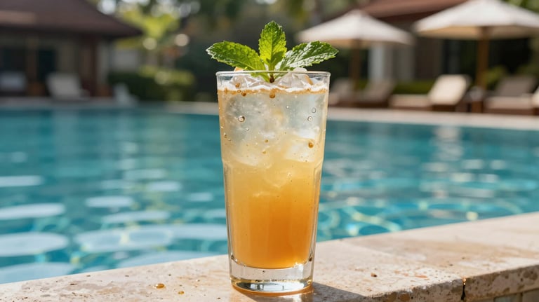 A chilled glass of Honey Ginger Alpflow with a sprig of mint, set against a background of a luxury Southeast Asian / Thai resort pool. Sunlight and clear water.